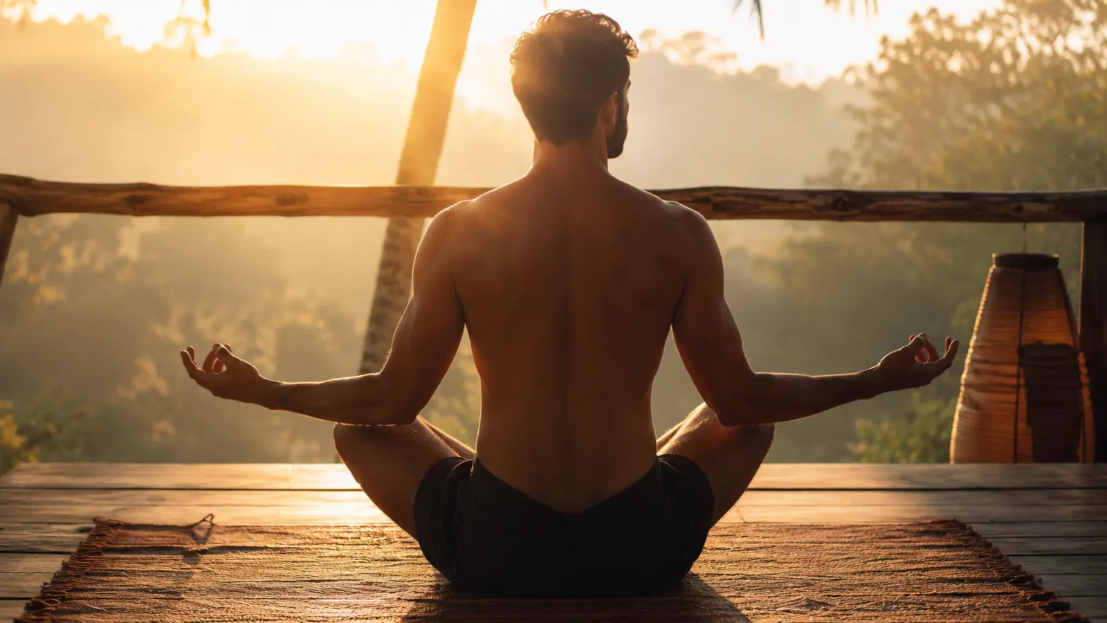 Man meditating at sunset, symbolizing the calm and recovery after massage